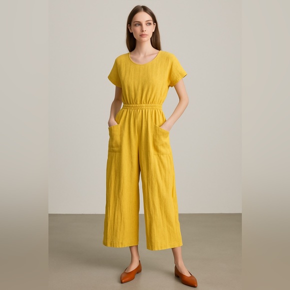 FREE PEOPLE Jumpsuit Cotton Wide Leg Yellow Pockets Cropped Boho Vacation Small - Picture 1 of 4